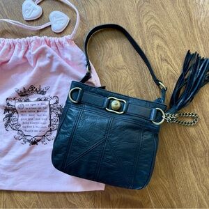 Juicy Couture Vintage Black Leather Hobo Brass Hardware Zip Tassels Shoulder Bag